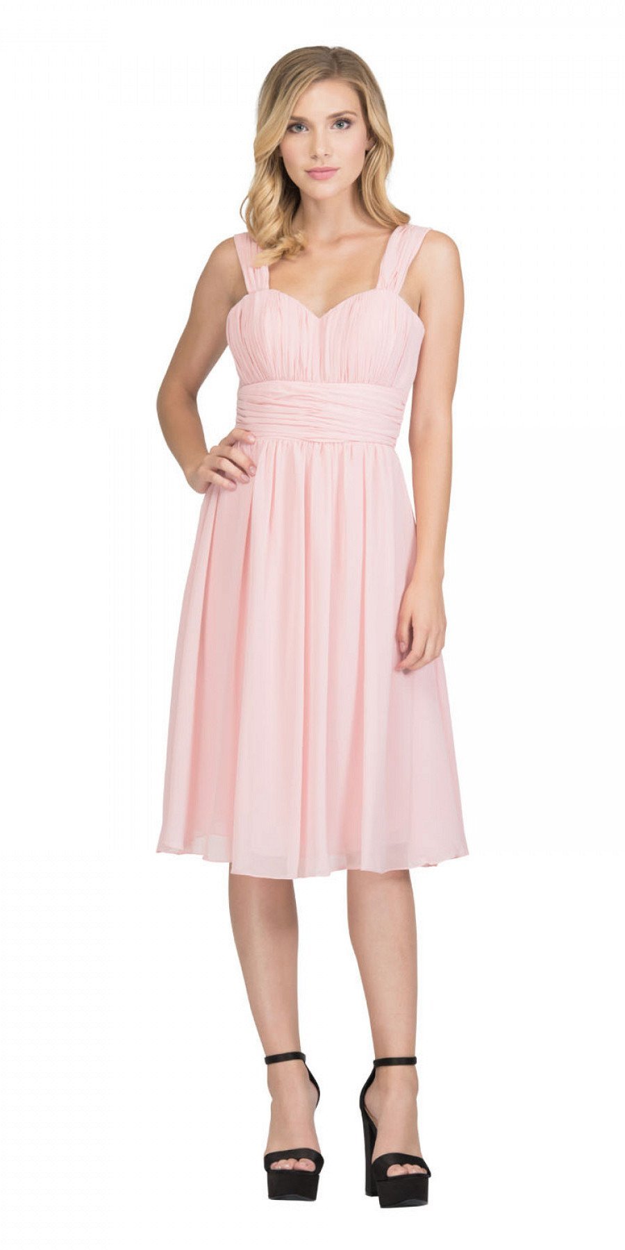 Blush pink sleeveless short dress with ruched bodice and gathered skirt