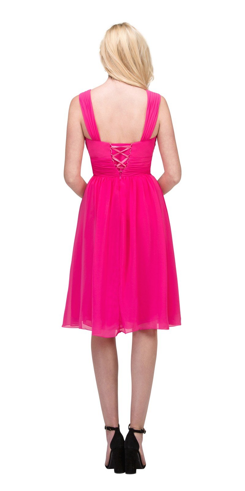 Hot pink sleeveless short backless dress with gathered waist seam