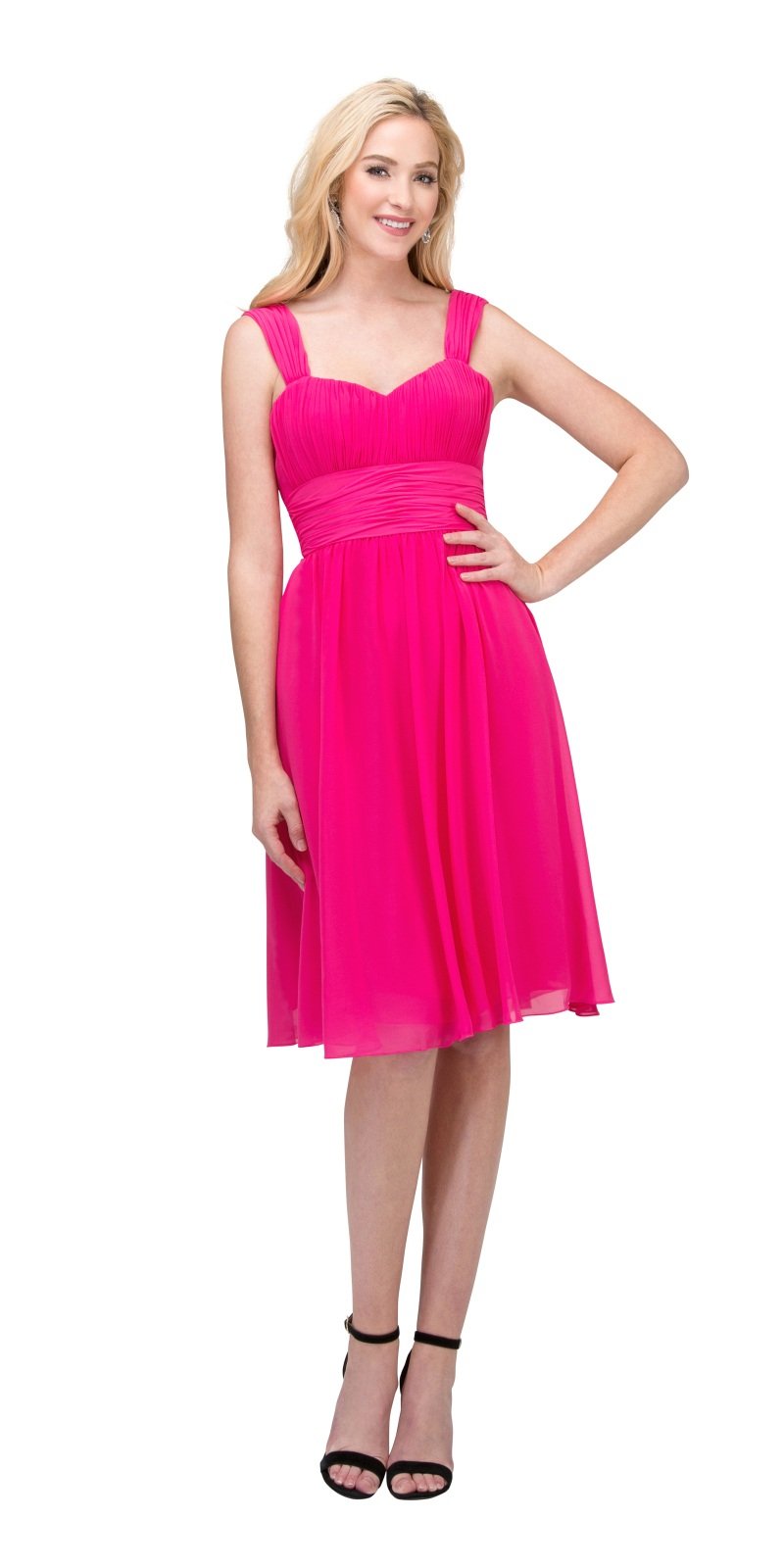 Fuchsia sleeveless short dress with ruched bodice and gathered skirt