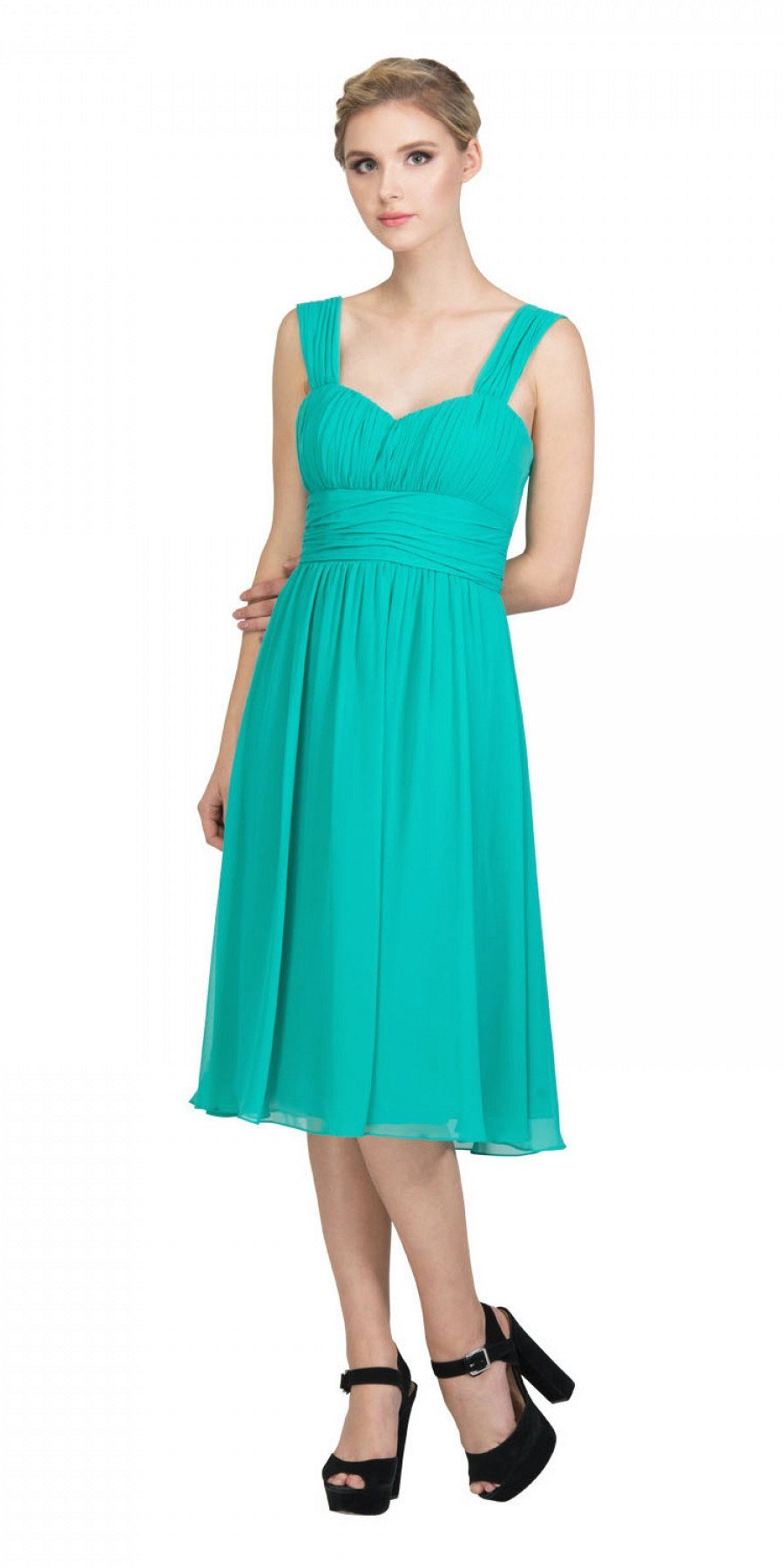 Emerald green sleeveless short dress with ruched bodice and V-neckline