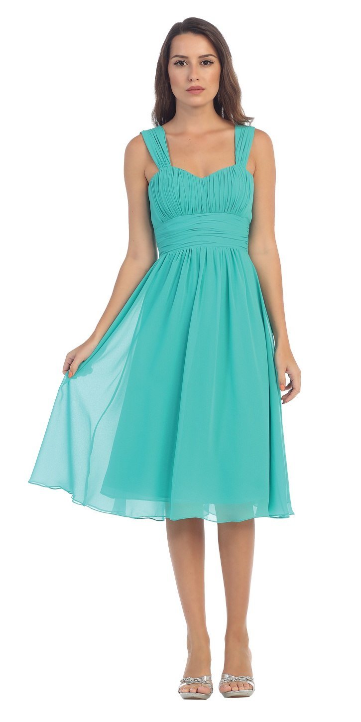 Teal green sleeveless short dress with ruched bodice and flared skirt