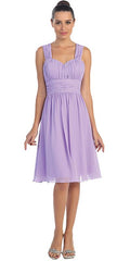 Lilac sleeveless short dress with ruched bodice and V-neckline