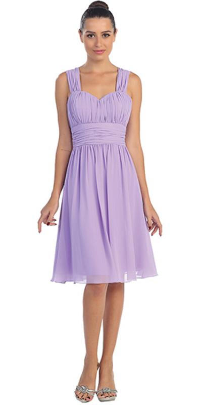 Lilac sleeveless short dress with ruched bodice and V-neckline