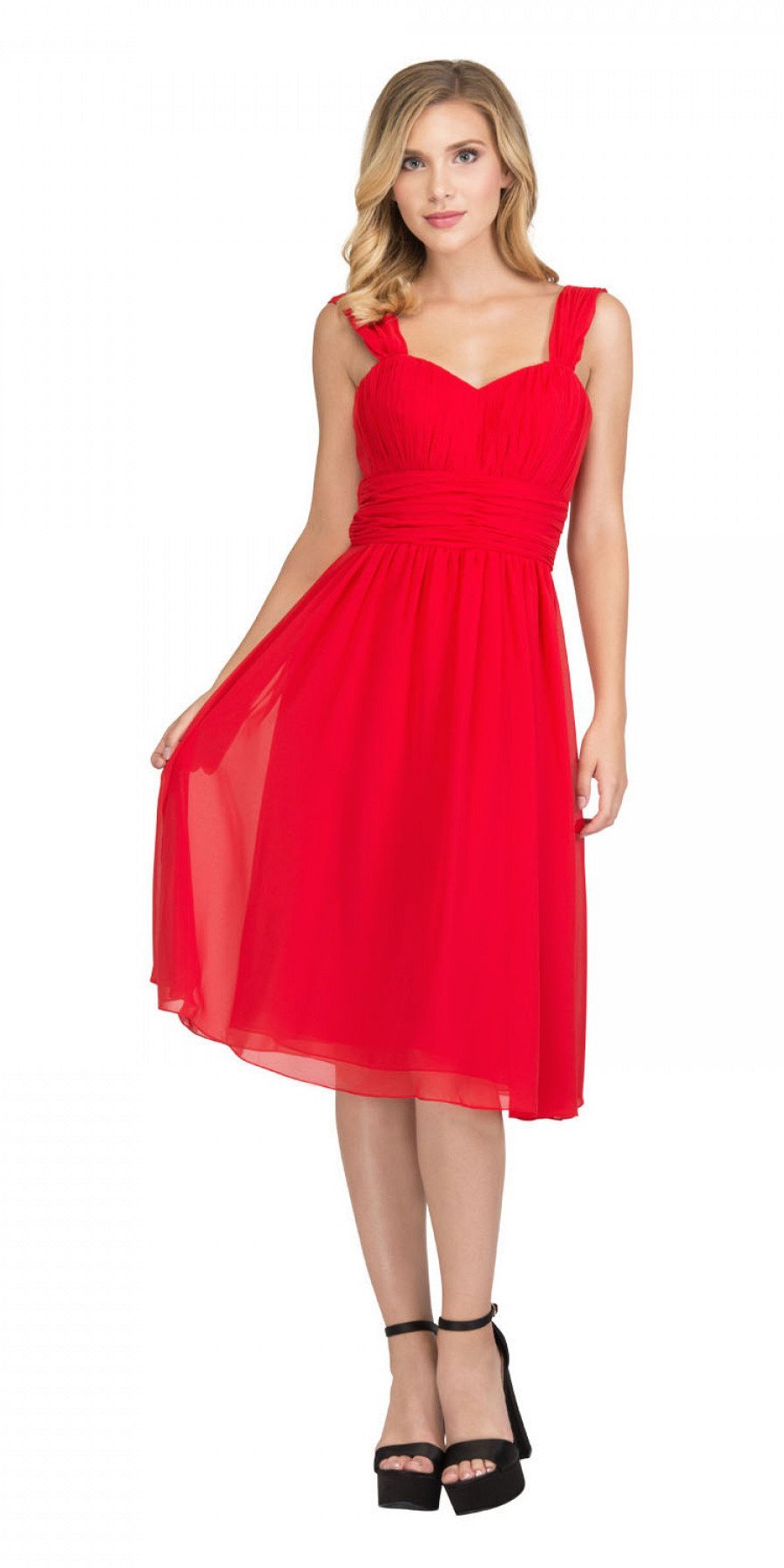 Red sleeveless short dress with ruched bodice and flared chiffon skirt