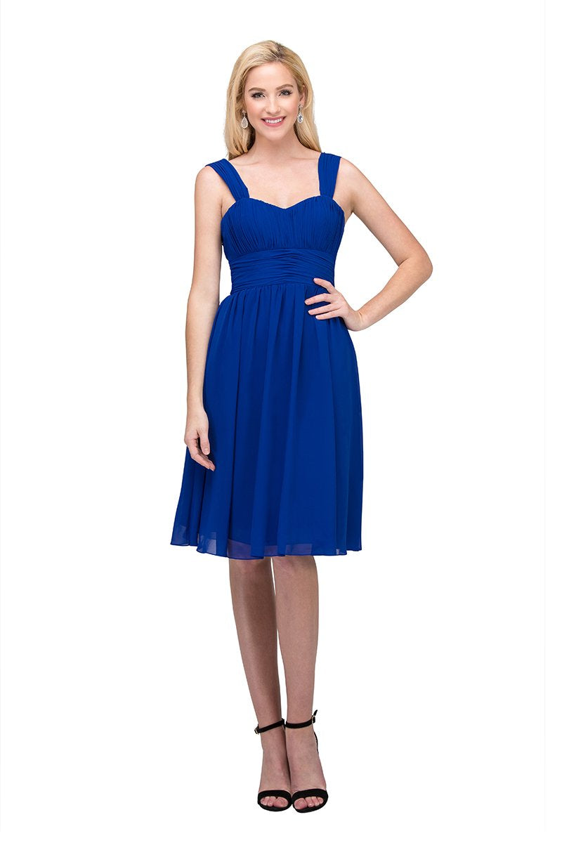 Royal blue sleeveless short dress with gathered waist and V-neckline