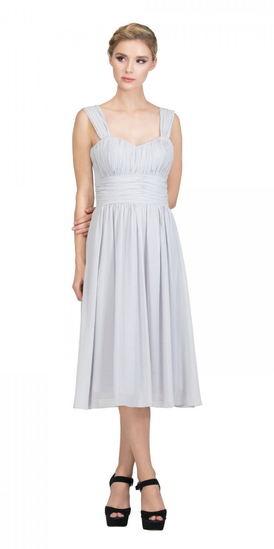 Light gray sleeveless short dress with ruched bodice and gathered skirt