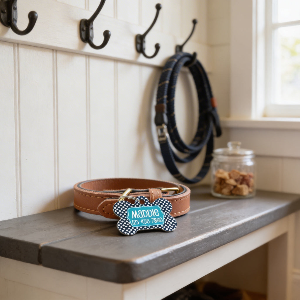 Pet collar on a table with navy bone-shaped ID tag, white dots, and teal nameplate