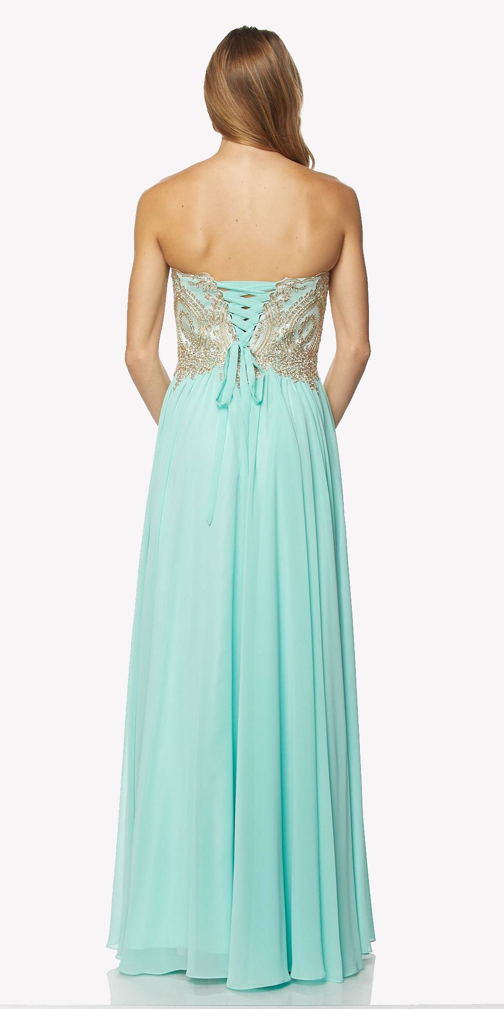 Light jade long formal dress, back view with embroidered bodice and lace-up detail