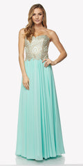Light jade long formal dress with embroidered lace bodice and lace-up back