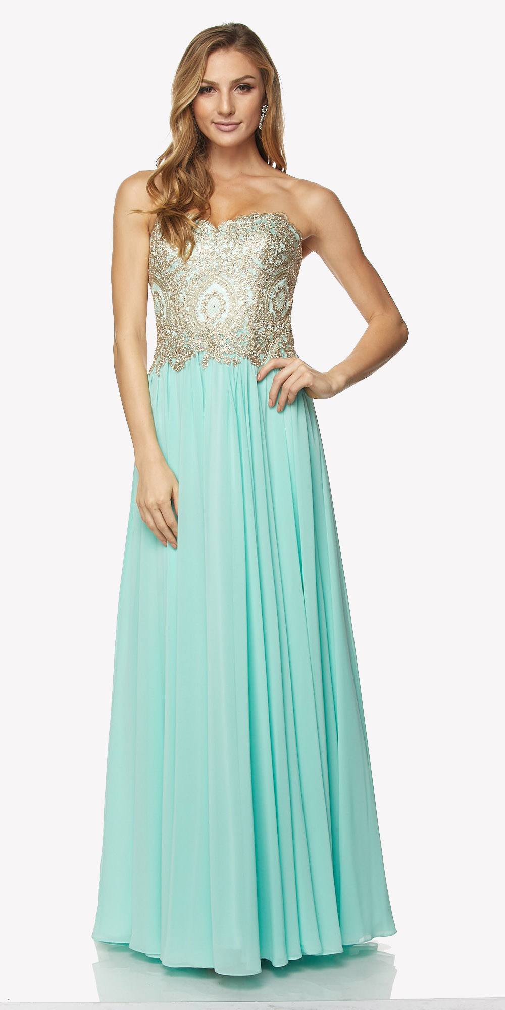 Light jade long formal dress with embroidered lace bodice and lace-up back