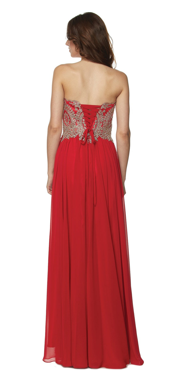 Red long formal dress, back view with embroidered lace bodice and lace-up detail