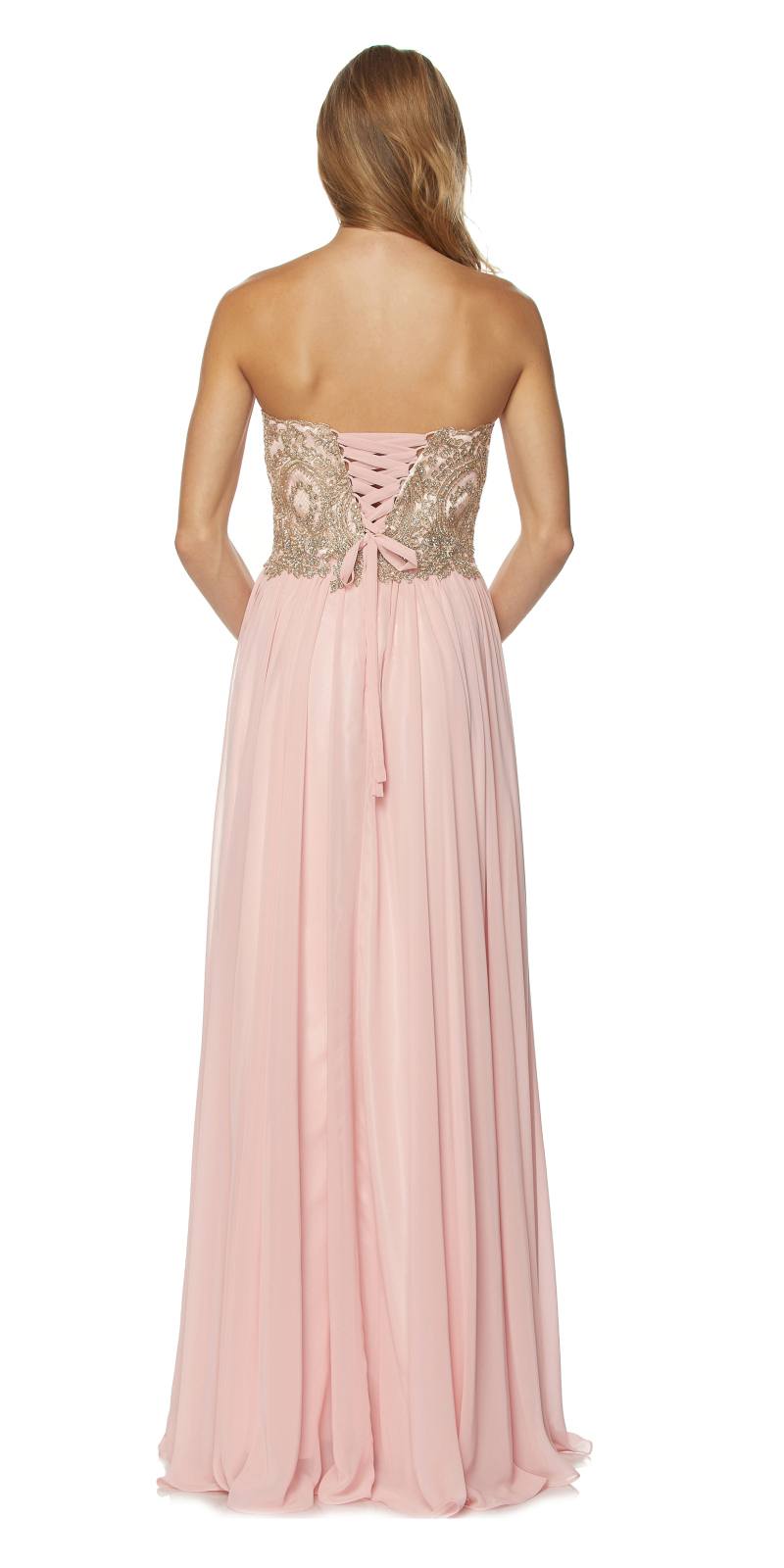 Rose pink long formal dress, back view with embroidered lace bodice and lace-up back