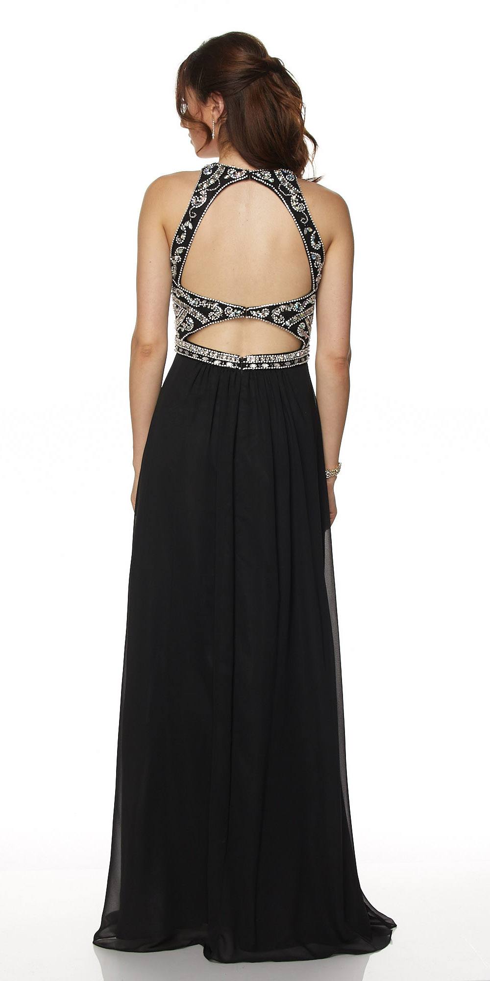 Black A-line chiffon floor-length gown with open back and beaded strap