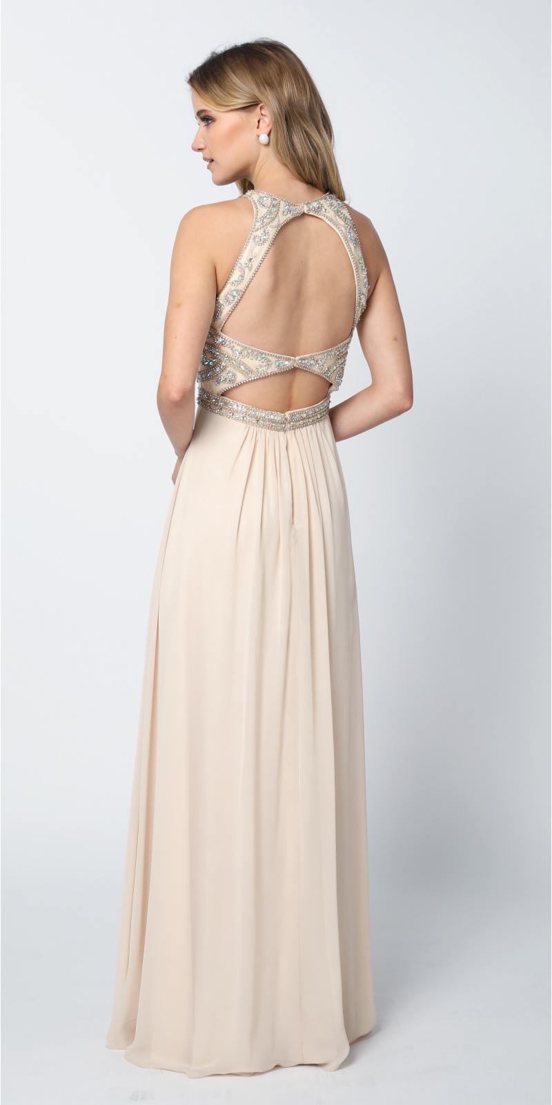 Off-white A-line chiffon floor-length gown with crisscross cutout back
