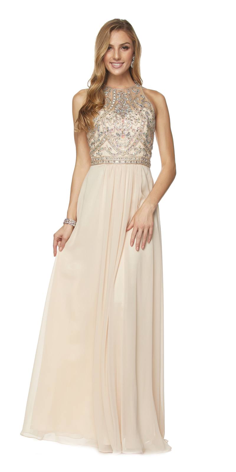 Off-white A-line chiffon floor-length gown with beaded sleeveless bodice