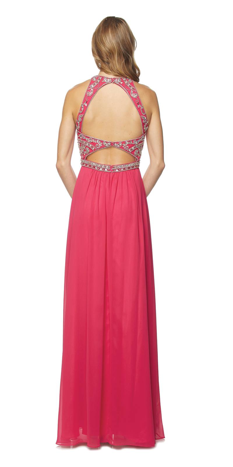 Fuchsia A-line chiffon floor-length gown with open back and beaded straps
