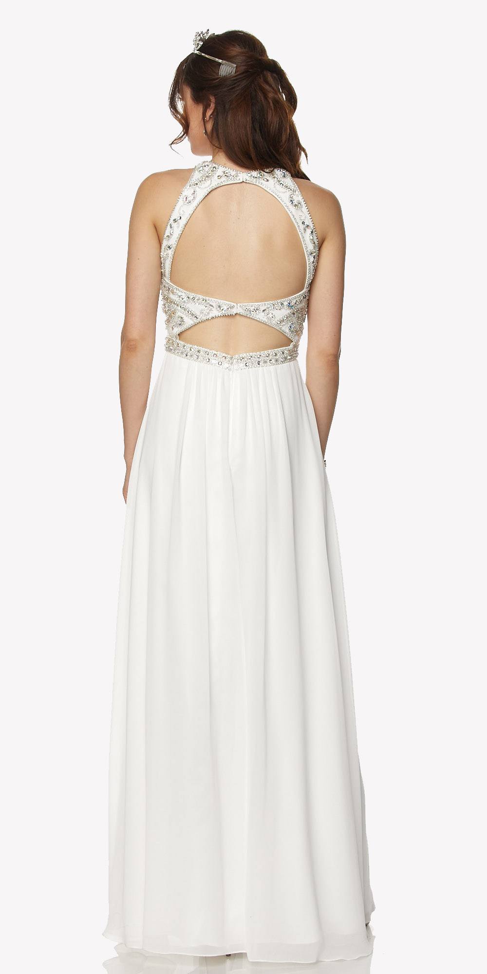 Off-white A-line chiffon floor-length gown, open back with beaded strap detail
