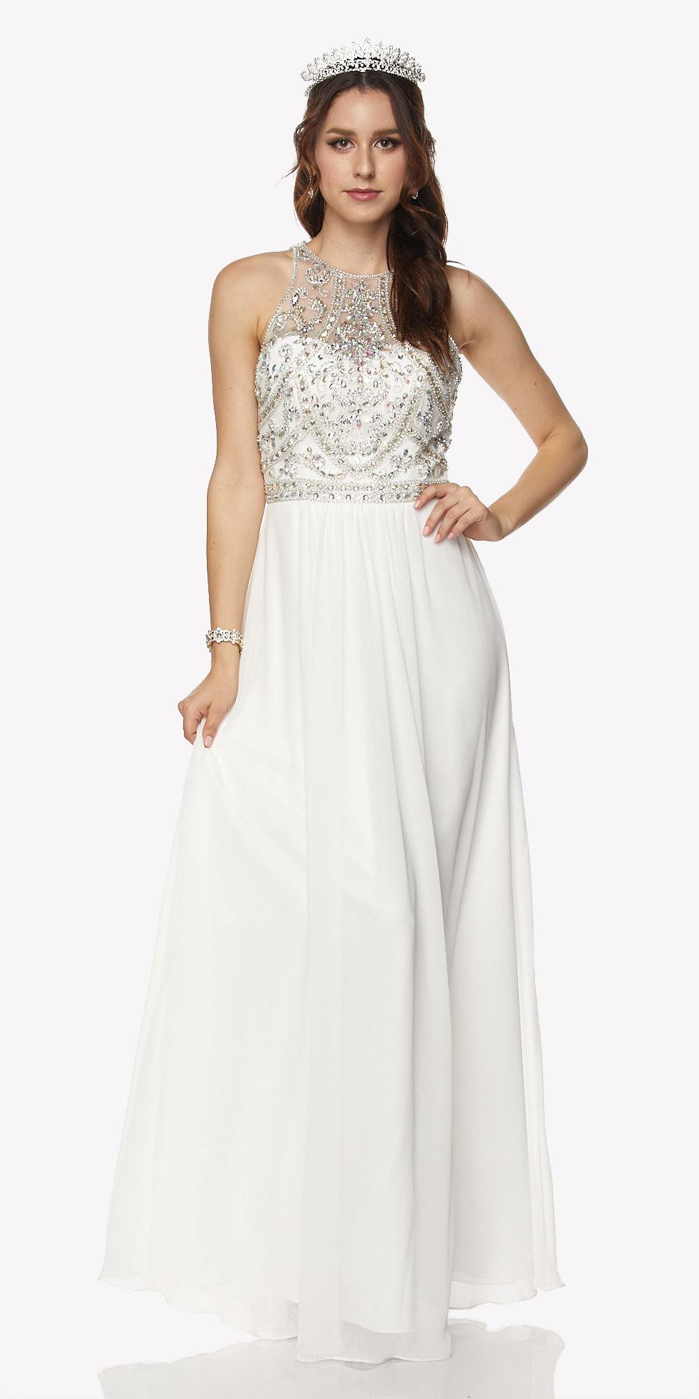Off-white A-line chiffon floor-length gown with jeweled high neckline and cutout back