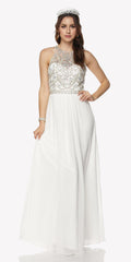 Off-white A-line chiffon floor-length gown with jeweled high neckline and cutout back