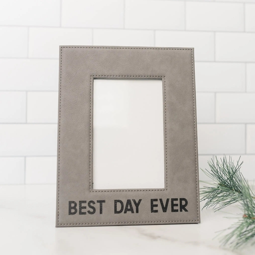 Gray faux-leather photo frame with stitched mat and “BEST DAY EVER” text