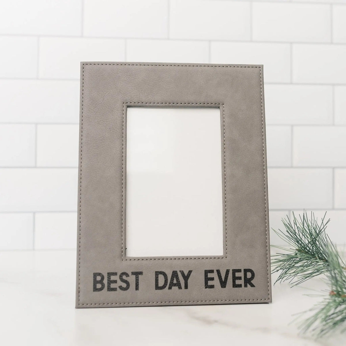 Gray faux-leather photo frame with stitched mat and “BEST DAY EVER” text
