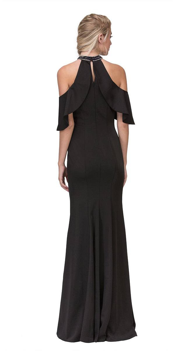 Black cold-shoulder halter mermaid gown with open back and draped sleeves