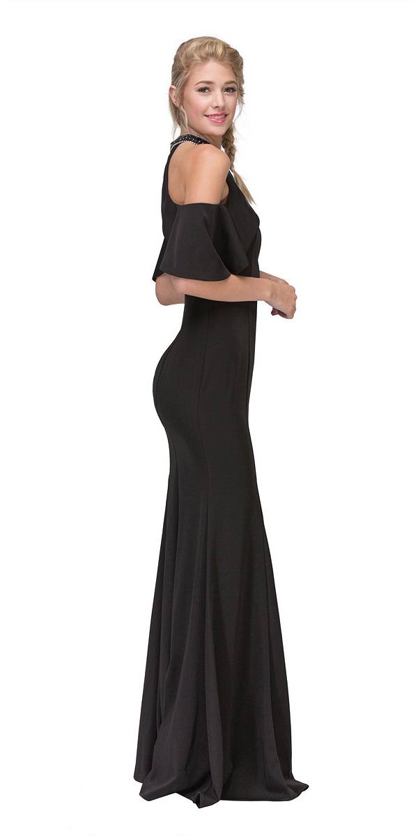 Black high-neck cold-shoulder mermaid gown, side view with draped sleeves