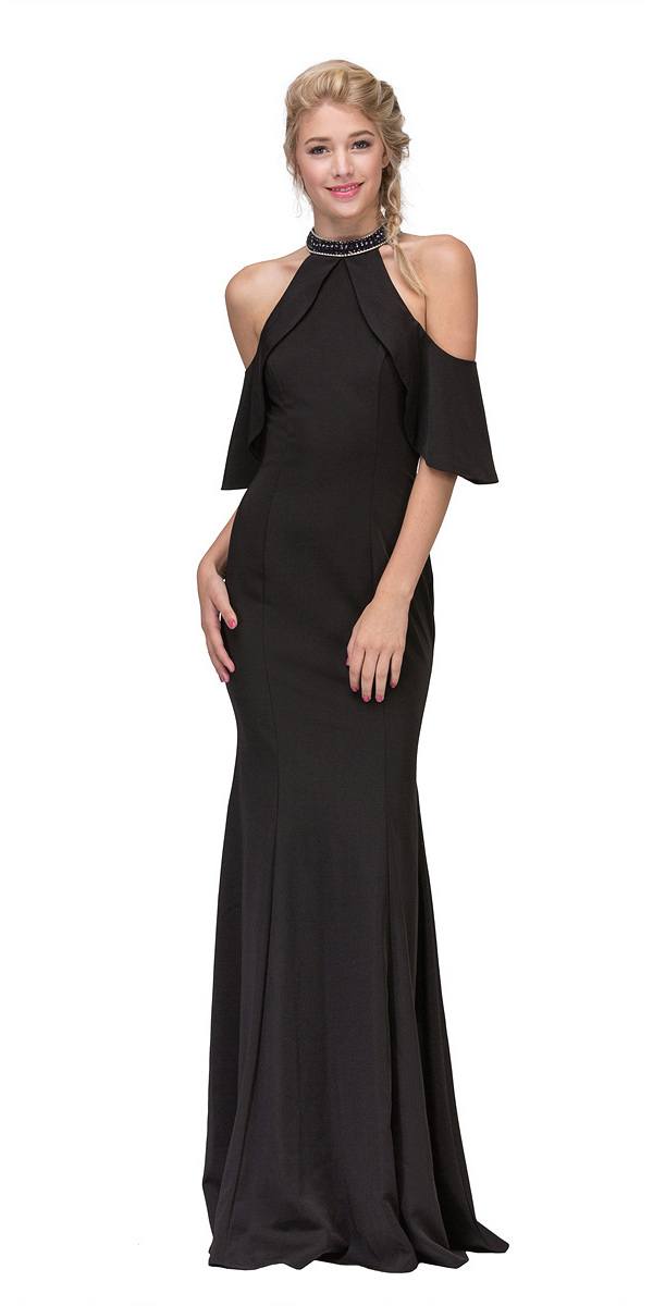 Black high-neck cold-shoulder mermaid gown, three-quarter view with draped sleeves