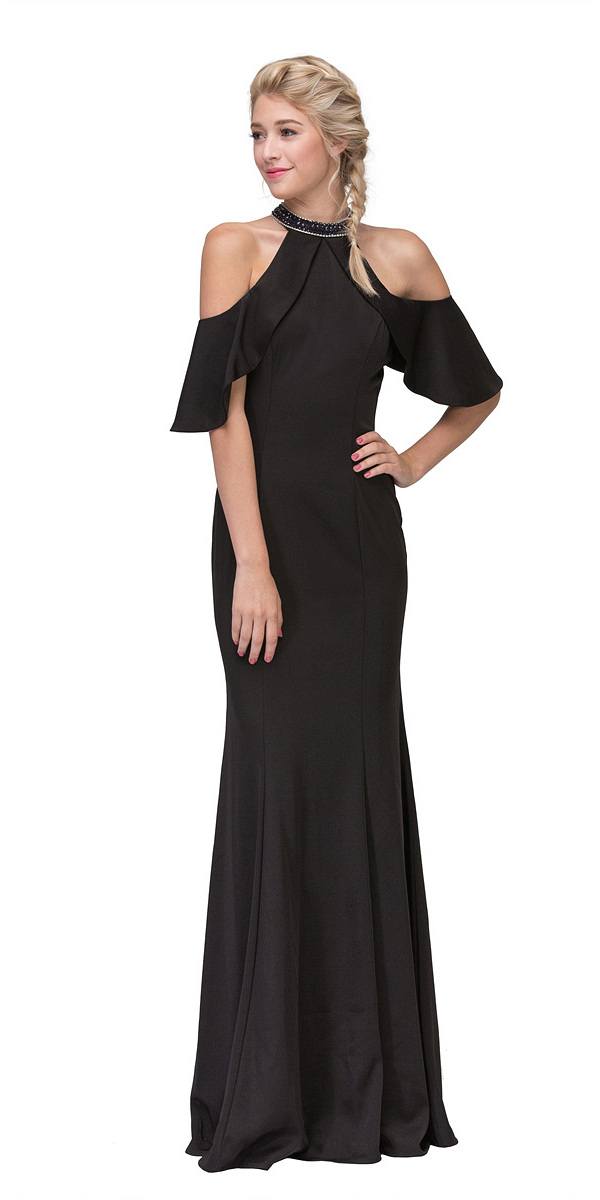 Black high-neck cold-shoulder mermaid gown with draped ruffle sleeves