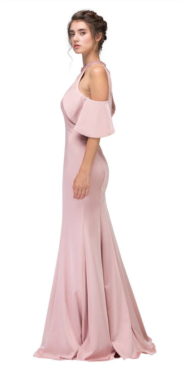 Blush pink high-neck cold-shoulder mermaid gown, side view with draped sleeves