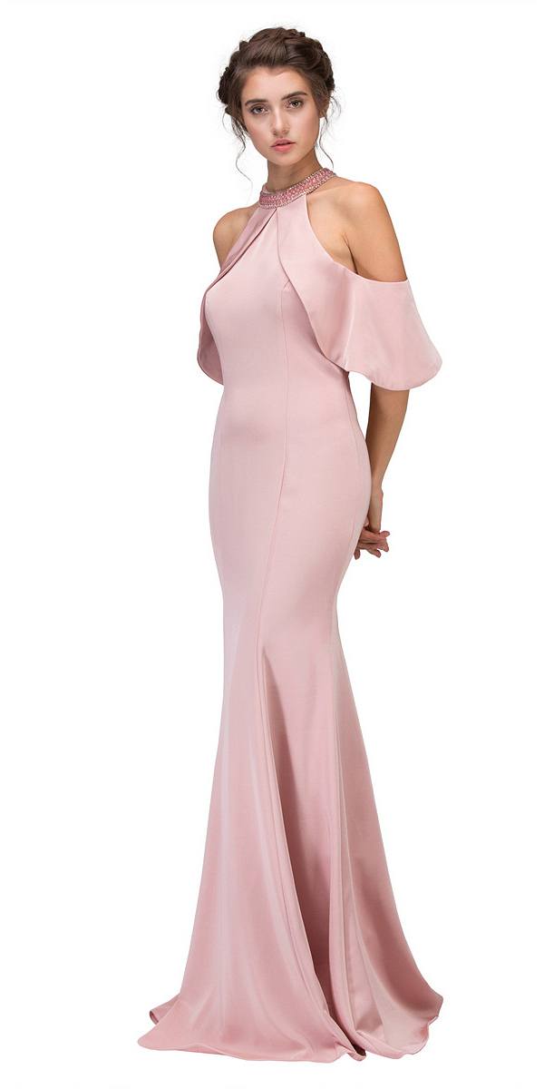 Blush pink high-neck cold-shoulder mermaid gown with draped ruffle sleeves