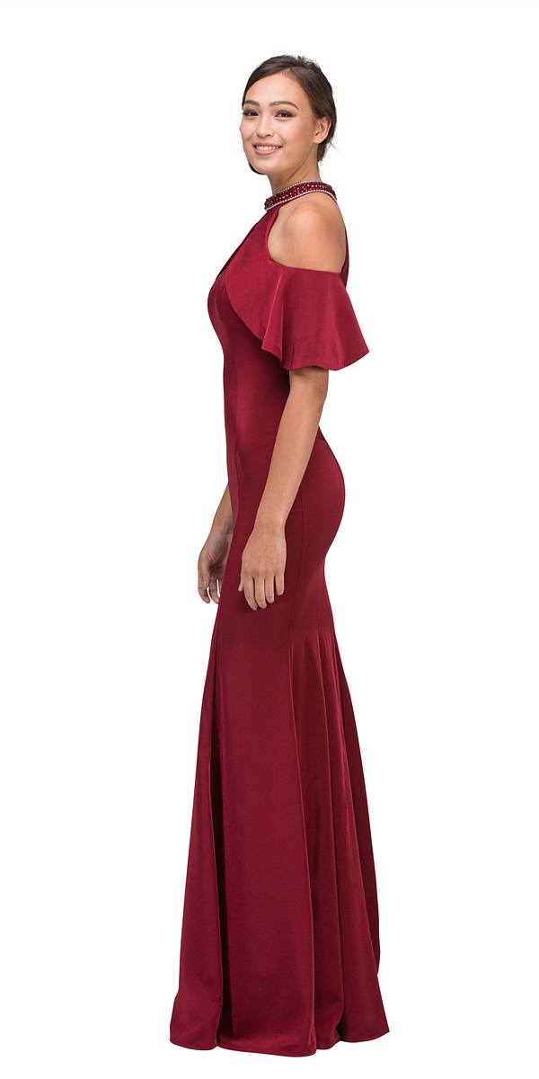 Burgundy high-neck cold-shoulder mermaid gown, side view with draped ruffle sleeves