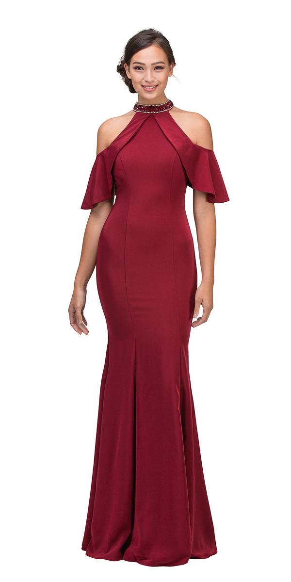 Burgundy high-neck cold-shoulder mermaid gown with draped ruffle sleeves