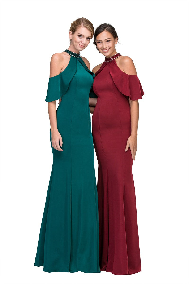 Two high-neck cold-shoulder mermaid gowns: teal and burgundy with draped sleeves