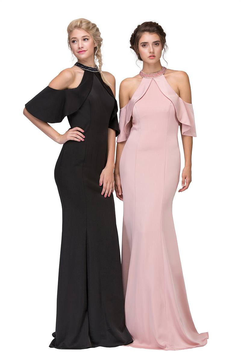 Cold-shoulder mermaid gown with high neckline, black and blush color tones