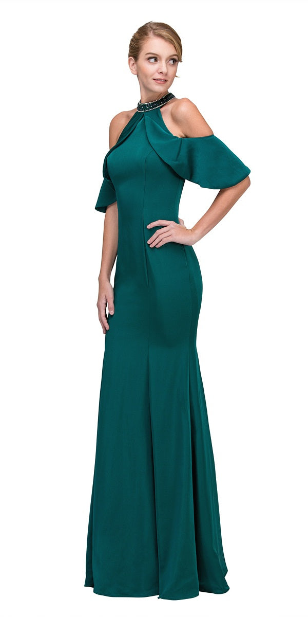 Teal high-neck cold-shoulder mermaid gown with draped ruffle sleeves