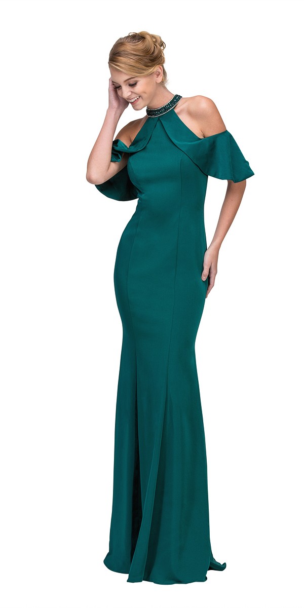 Teal cold-shoulder mermaid gown with high neckline and fitted skirt