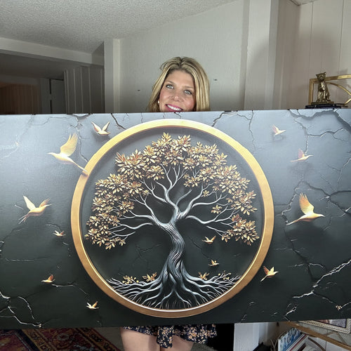 3D Celtic Tree of Life wall art with gold oval frame, dark tree and flying birds
