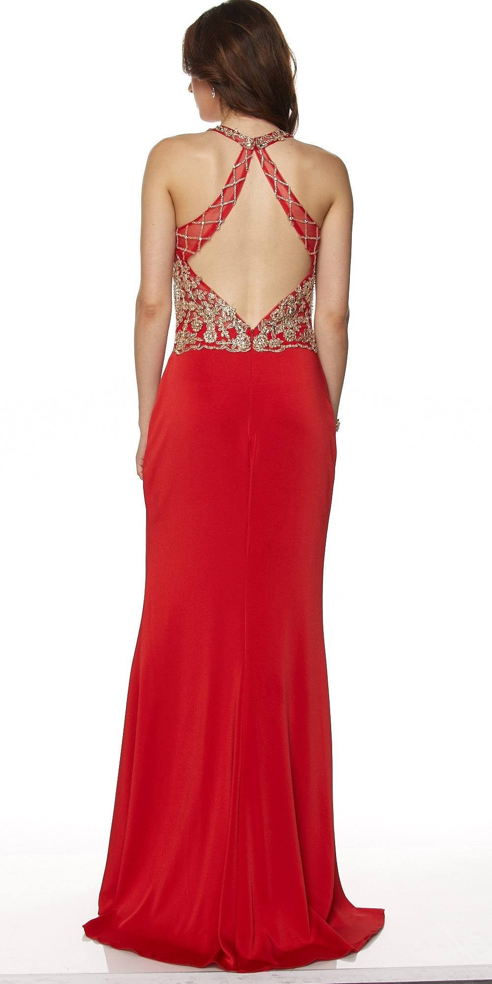 Red formal gown with crisscross open back and long skirt