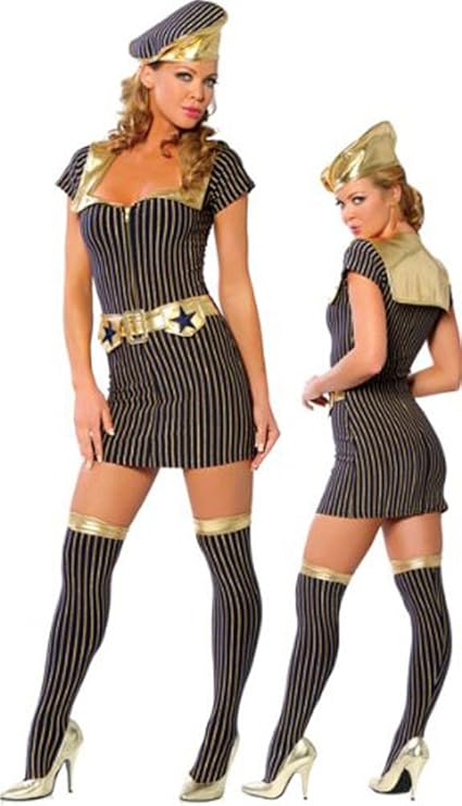 Women’s striped navy mini dress costume with matching hat and thigh-high stockings