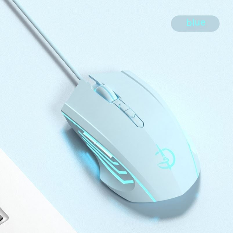 Light blue wired gaming mouse with teal LED stripes and scroll wheel, connected cable