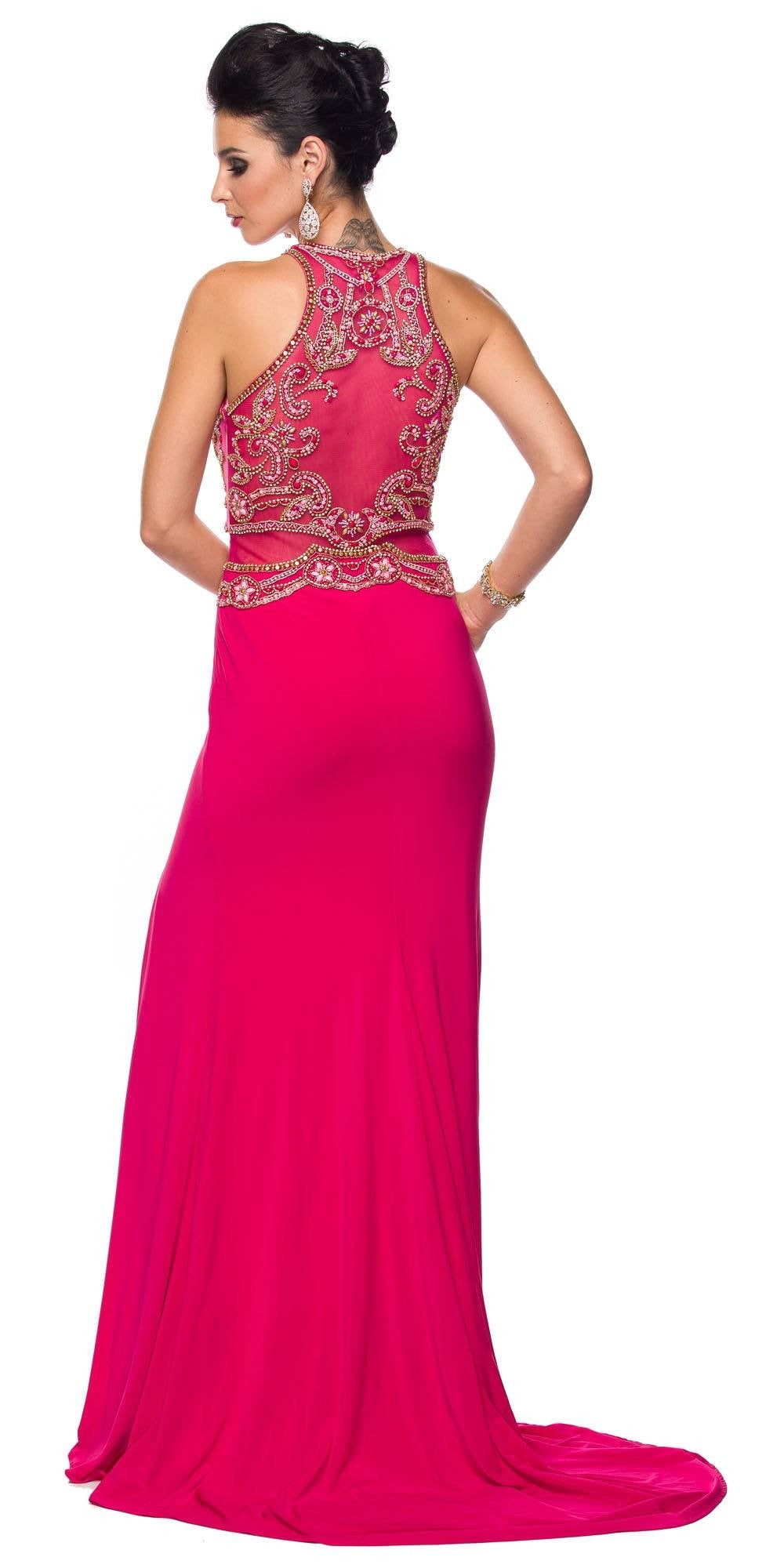 Embellished evening gown with side slit, sheer midriff and jeweled fuchsia bodice
