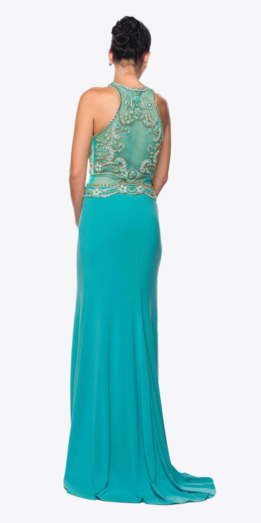 Embellished evening gown with back sheer midriff and jeweled teal bodice