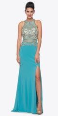 Embellished evening gown with sheer midriff and jeweled bodice, teal