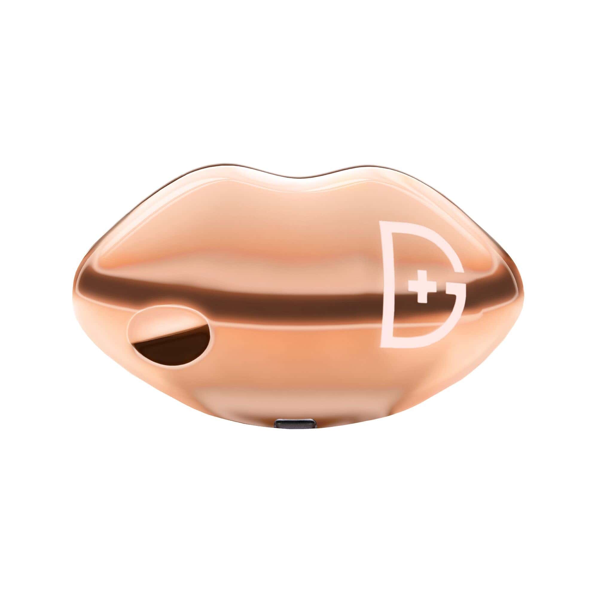 Lip-shaped LED light device with metallic rose-gold finish and plus icon