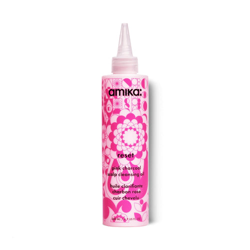 Amika scalp cleansing oil bottle, pink with rose charcoal print and pump nozzle