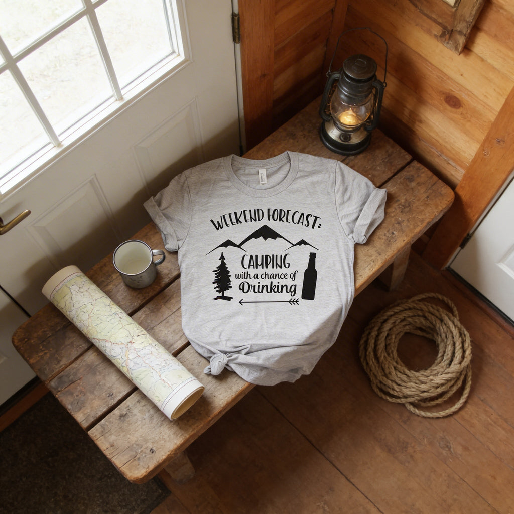 Heather gray graphic camping t-shirt with “Weekend Forecast” and “chance of Drinking”
