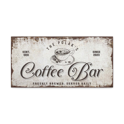 Rectangular Coffee Bar wall sign with vintage coffee cup graphic and scroll lettering