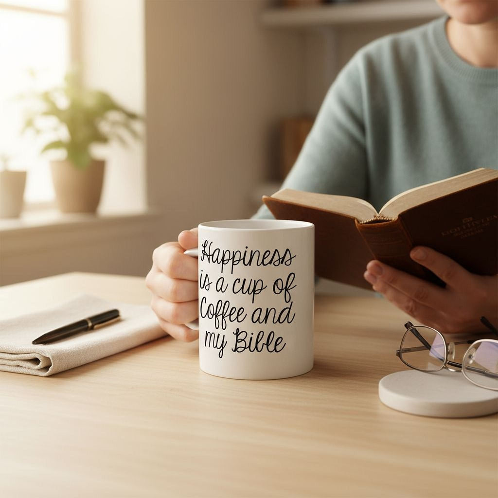 White ceramic coffee mug in hand with black script: 'Happiness is a cup of coffee and my Bible'