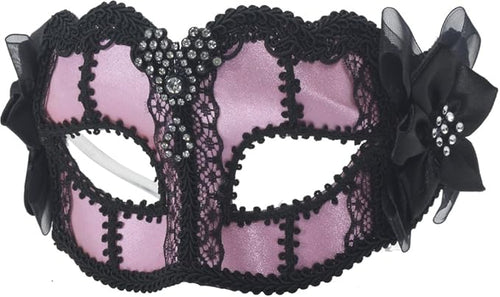 Black lace Venetian eye mask with pale pink panels, rhinestone accents, and bow sides